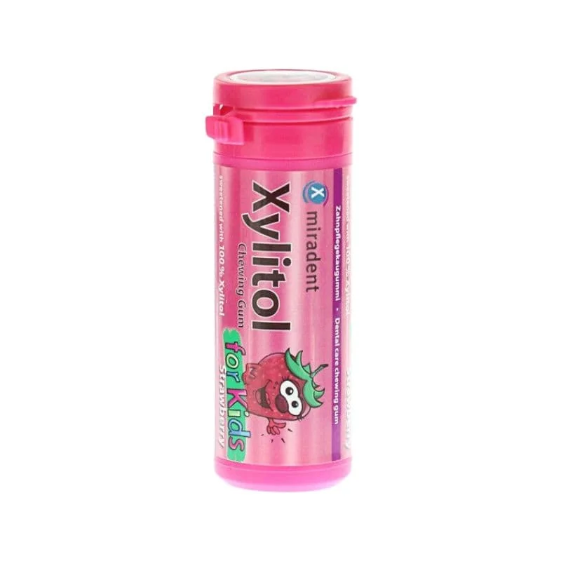 MIRADENT Xylitol Chewing Gum For Kids - guma do żucia z ksylitolem przeciw próchnicy dla dzieci, 30 szt, smak truskawka