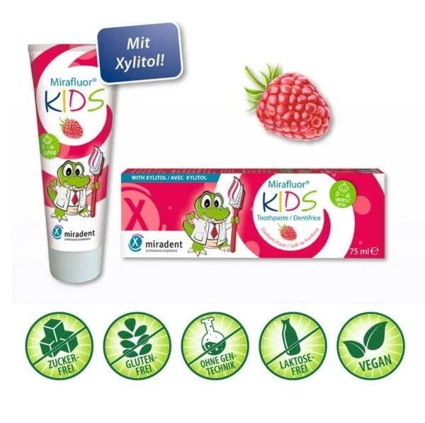 Miradent MIRAFLUOR KIDS 75 - pasta do mycia zębów dla dzieci przeciw próchnicy, malinowa