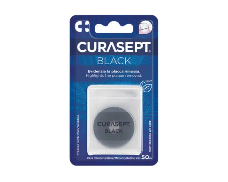 Curasept BLACK Floss 50 m - czarna nić do zębów z chlorheksydyną do wąskich przestrzeni