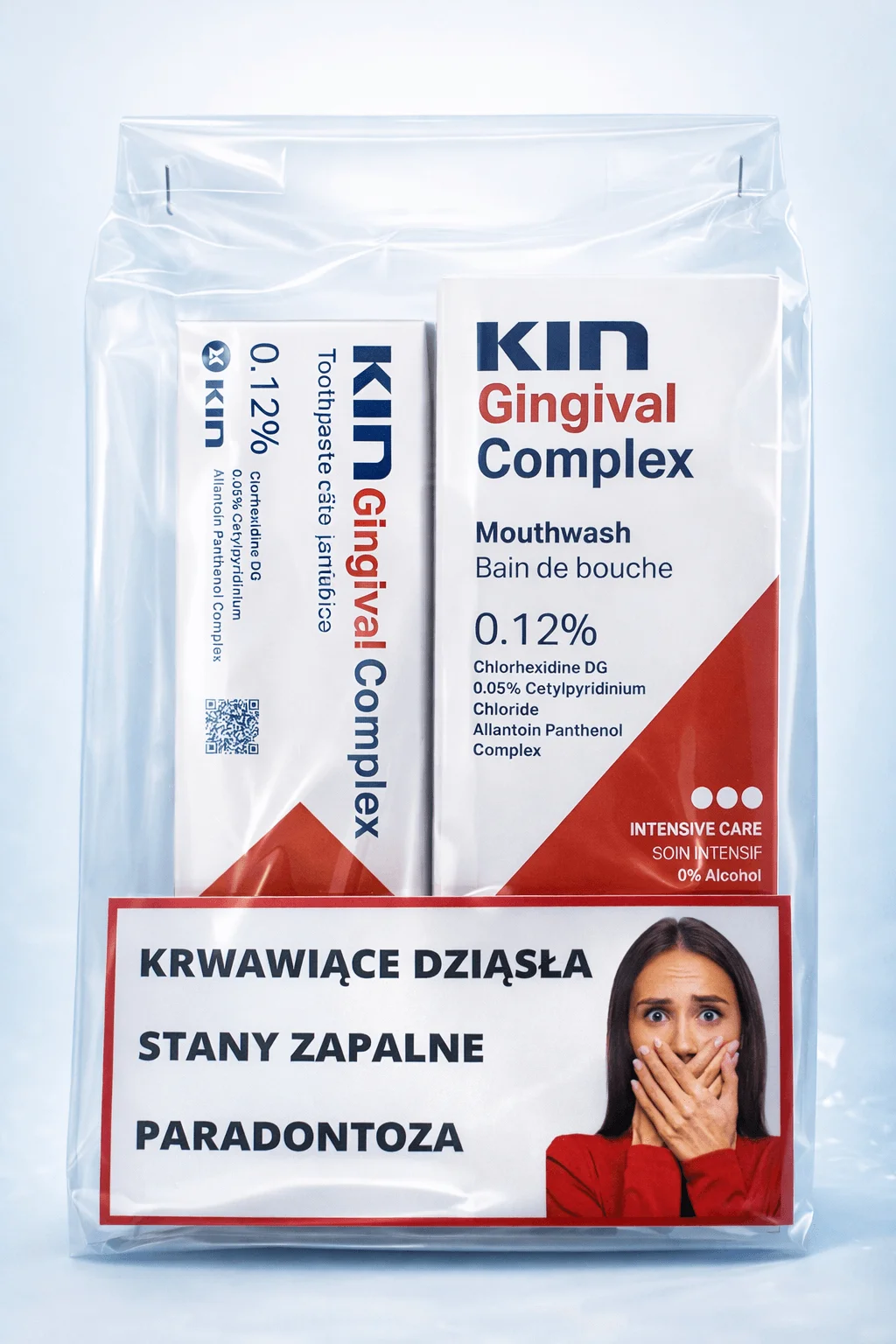 Zestaw KIN Gingival Complex - płyn do płukania jamy ustnej z chlorheksydyną, 250 ml + pasta KIN Gingival 75ml