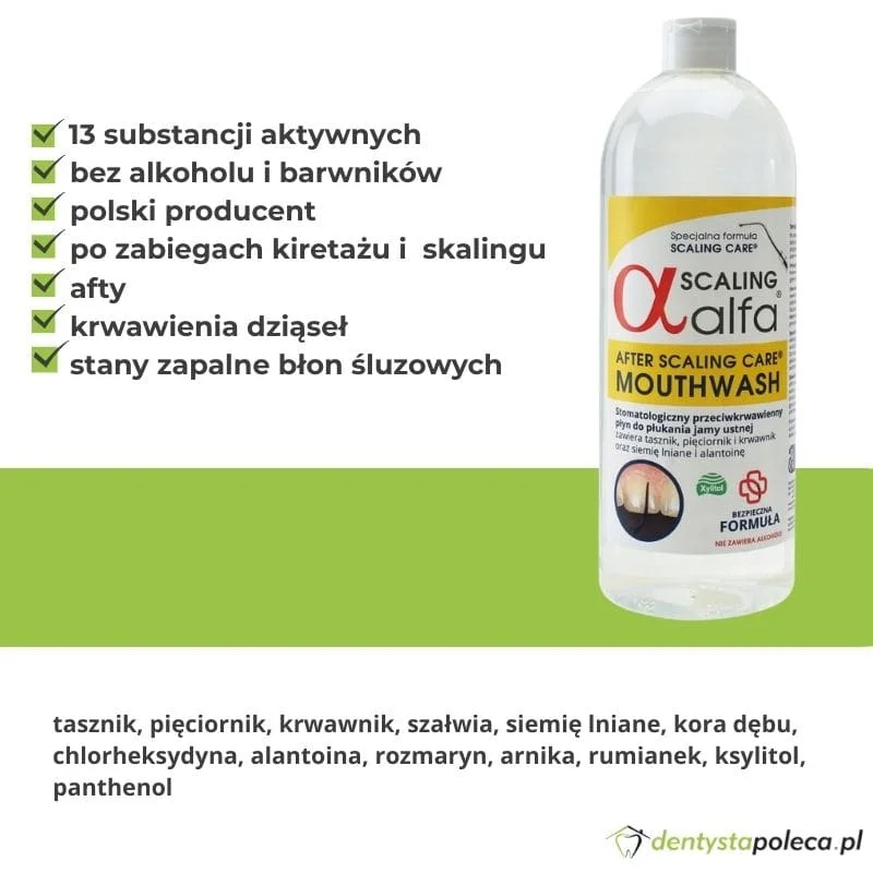 ALFA Scaling Mouthwash- antybakteryjny płyn do płukania jamy ustnej na stany zapalne, afty i krwawienia dziąseł 500ml - obrazek 2