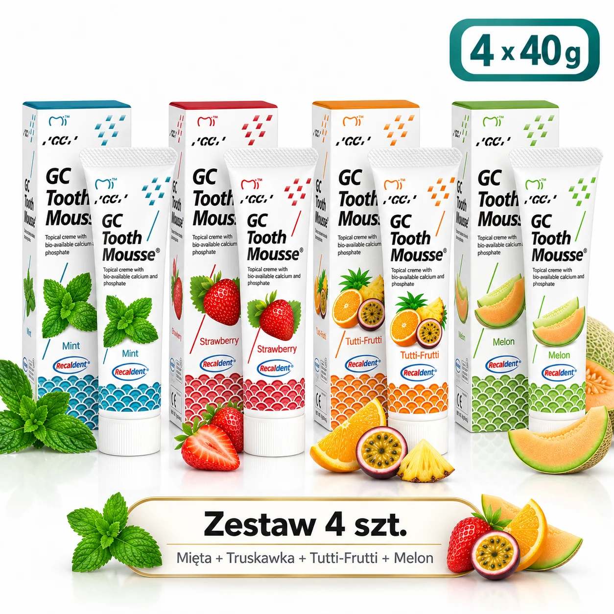 GC Tooth Mousse 4 x 40 g Mięta + Truskawka + Tutti-Frutti + Melon – zestaw 4 szt.
