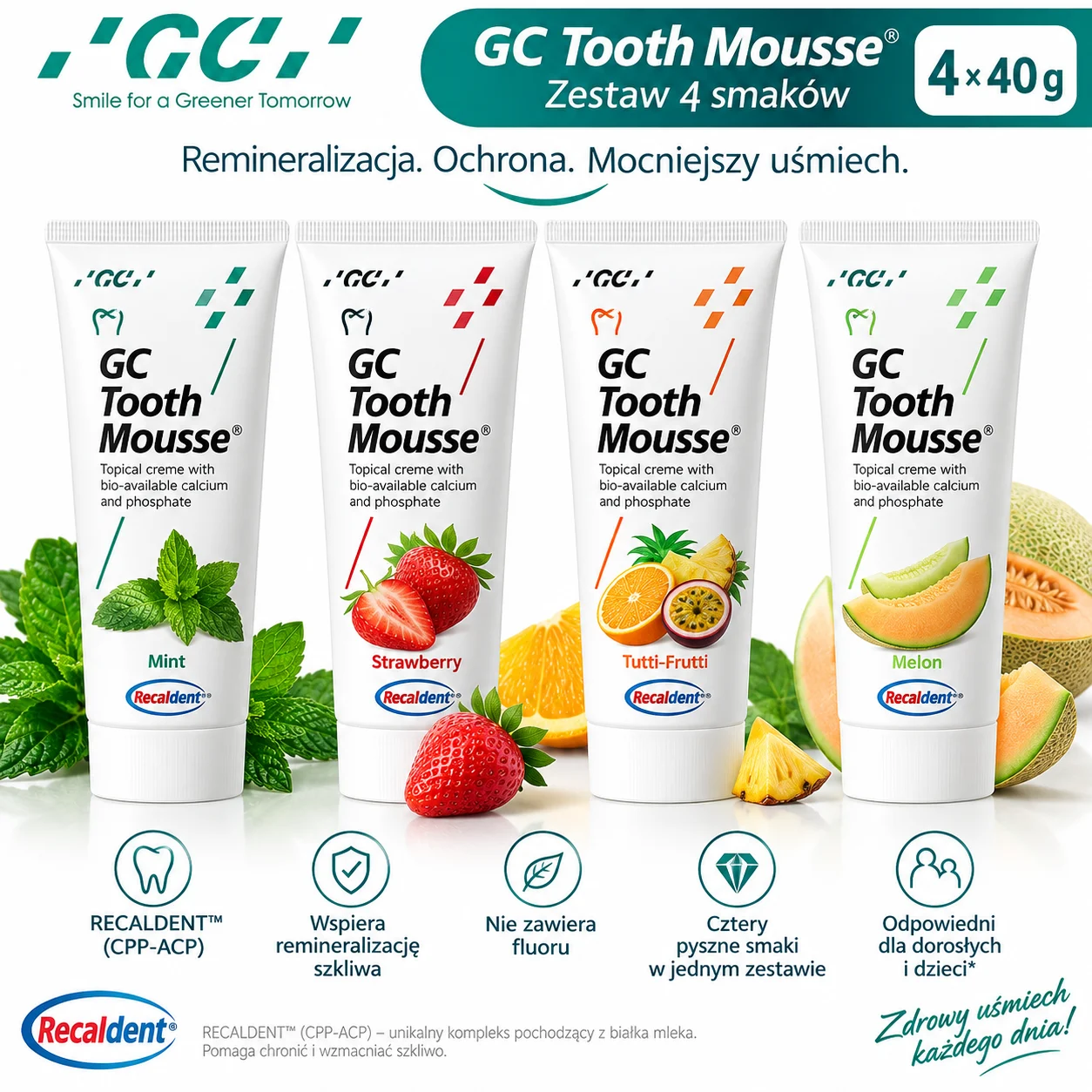 GC Tooth Mousse 4 x 40 g Mięta + Truskawka + Tutti-Frutti + Melon – zestaw 4 szt. - obrazek 2